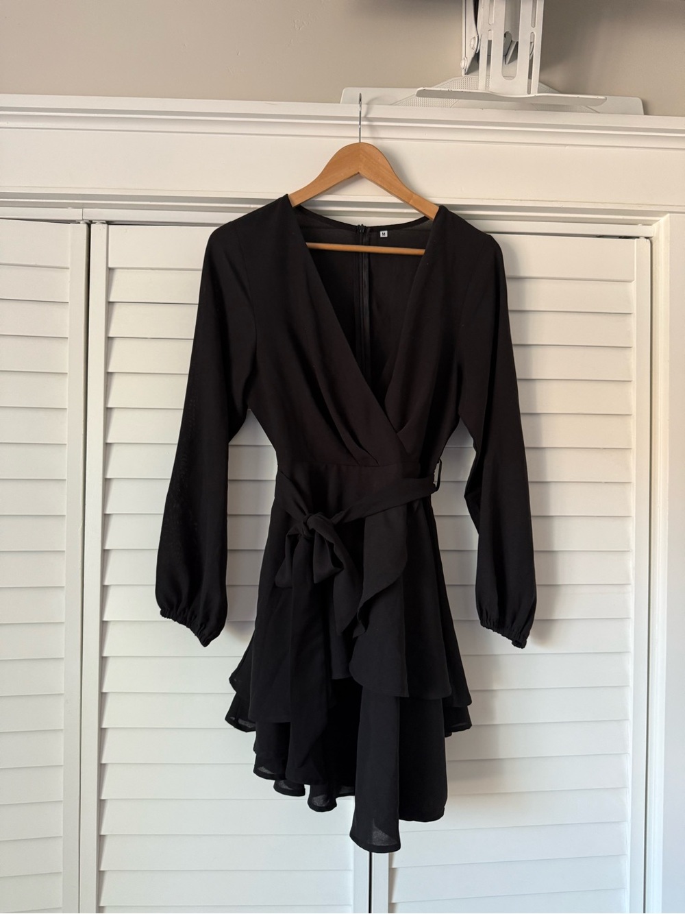 Black Wrap Ruffle Long-Sleeve Dress